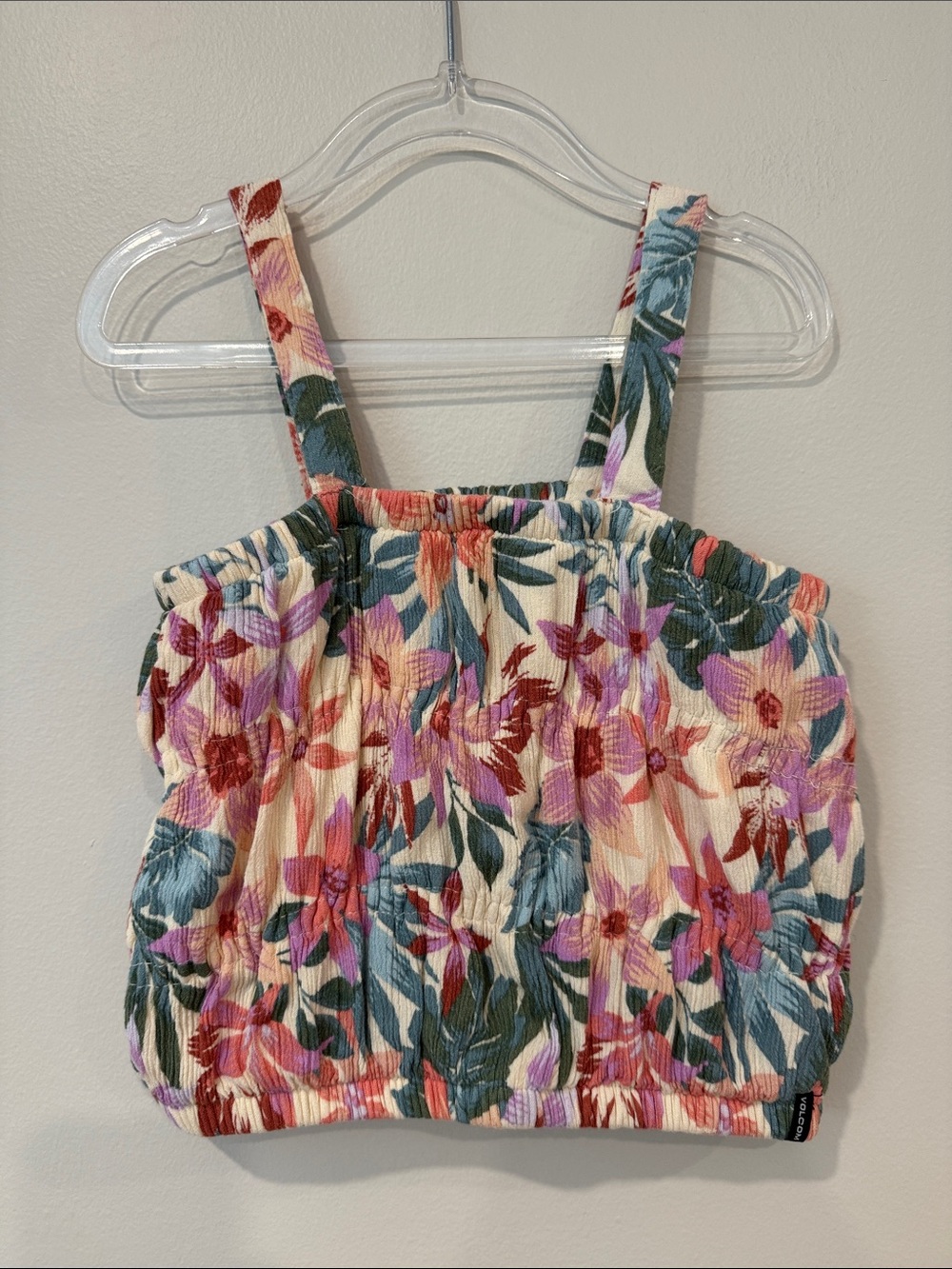 Volcom Floral Smocked Tropical Cream, Pink & Green Tank Top 8/10